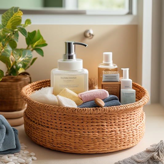 A clutter-free bathroom countertop with neatly arranged beauty products, a small woven basket holding toiletries, a tiered tray displaying skincare essentials, and a few decorative pebbles scattered around.