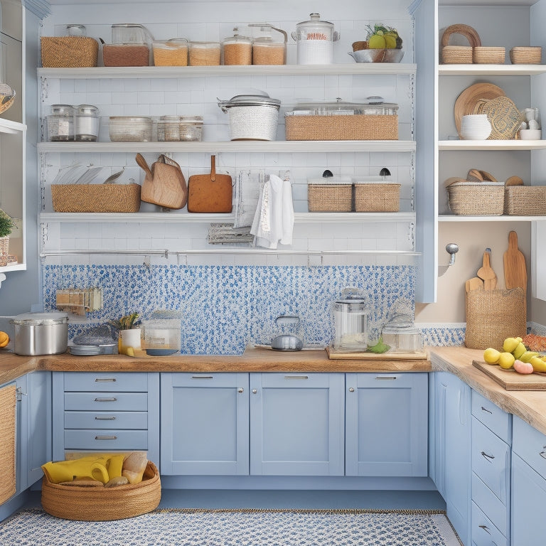 A bright, organized kitchen with three open cabinets showcasing optimized storage: a lazy Susan in one, stacked baskets in another, and a pegboard with hanging utensils in the third.