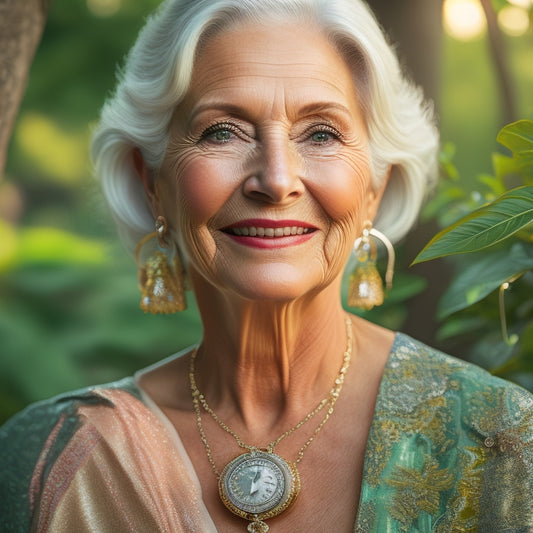 A warm, golden-lit portrait of a confident, smiling woman in her 50s, with silver hair, surrounded by lush greenery, holding a delicate, antique clock, and wearing a statement piece of jewelry.