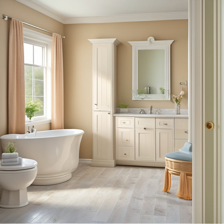 A serene bathroom with cream-colored walls, featuring a corner cabinet with rounded edges and a soft-close door, surrounded by gleaming chrome fixtures and a freestanding tub.