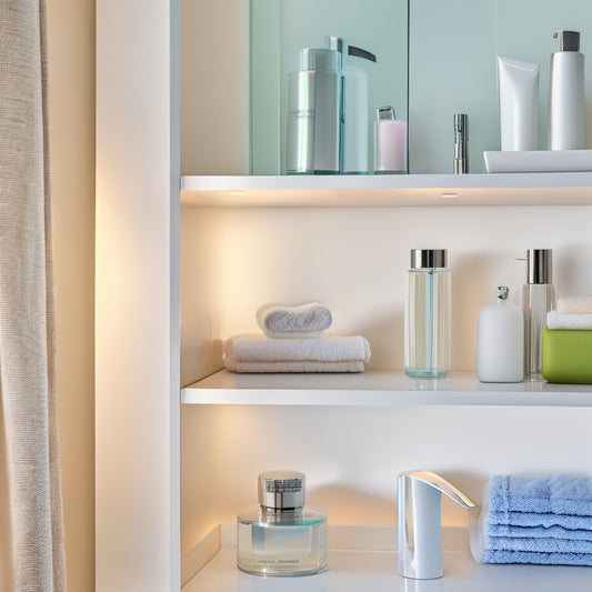 A serene, modern bathroom with a sleek, white corner shelf cabinet featuring three glass shelves, chrome accents, and a soft, warm light illuminating a few, carefully-placed toiletries.