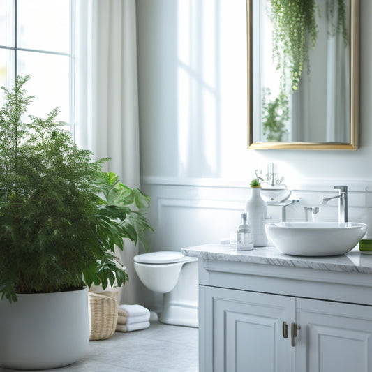 A serene bathroom scene featuring a pedestal sink with two-tiered, polished chrome shelves underneath, holding toiletries, towels, and a potted plant, against a soft, white marble background.