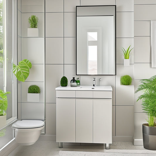 A modern bathroom with a wall-mounted, white, slimline storage cabinet featuring a mirrored door, surrounded by gleaming chrome fixtures, and a minimalist sink with a small potted plant nearby.