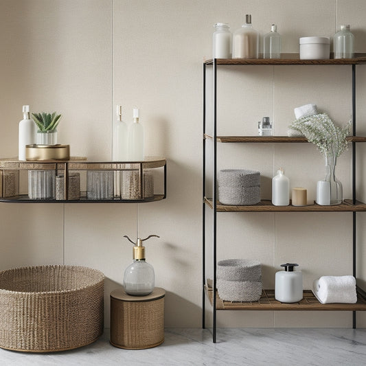 An image featuring six distinct bathroom shelves in different styles: minimalist floating glass, rustic wooden, industrial metal, ornate carved marble, sleek chrome, and natural woven rattan, against a neutral background.
