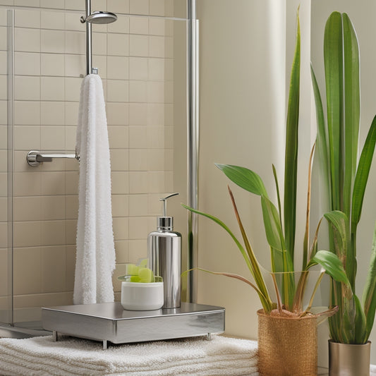 A serene, minimalist shower with a sleek, chrome-finished shelf holding a few carefully placed, spa-inspired essentials: a potted orchid, a scented candle, and a few rolled towels.