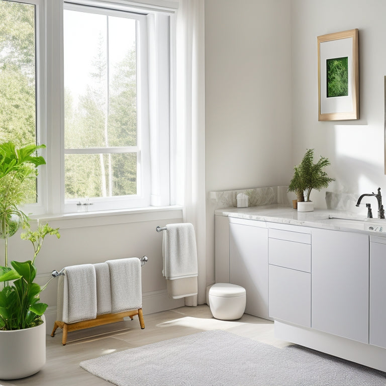 A serene bathroom with a minimalist aesthetic, featuring a clutter-free countertop, a sleek sink, and a few strategically placed decorative items, surrounded by calming whites and soothing natural light.