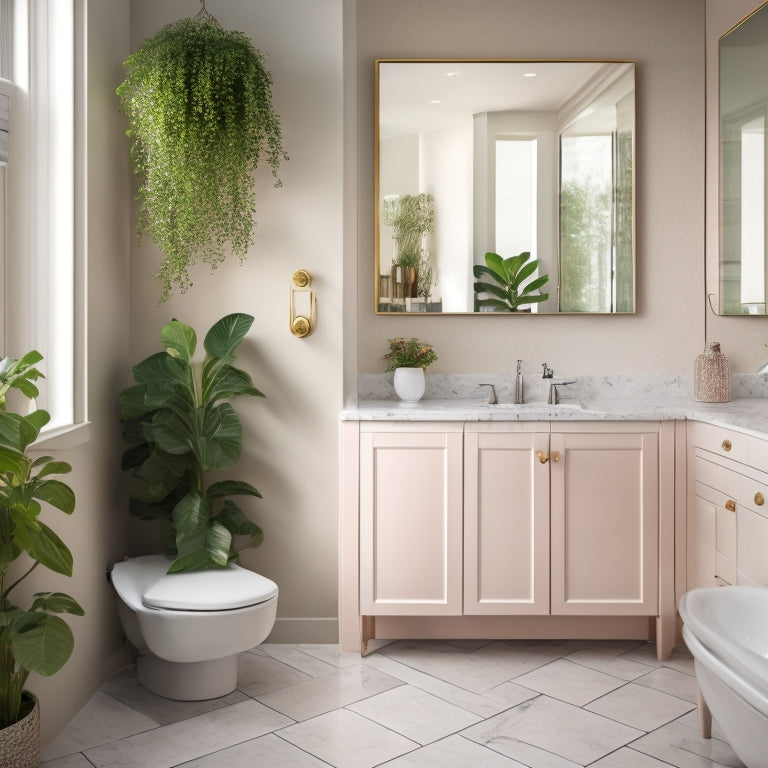 A modern bathroom featuring a sleek, white corner cabinet with glass doors, adorned with decorative plants, elegant toiletries, and soft lighting, set against a calming pastel wall and stylish marble floor.