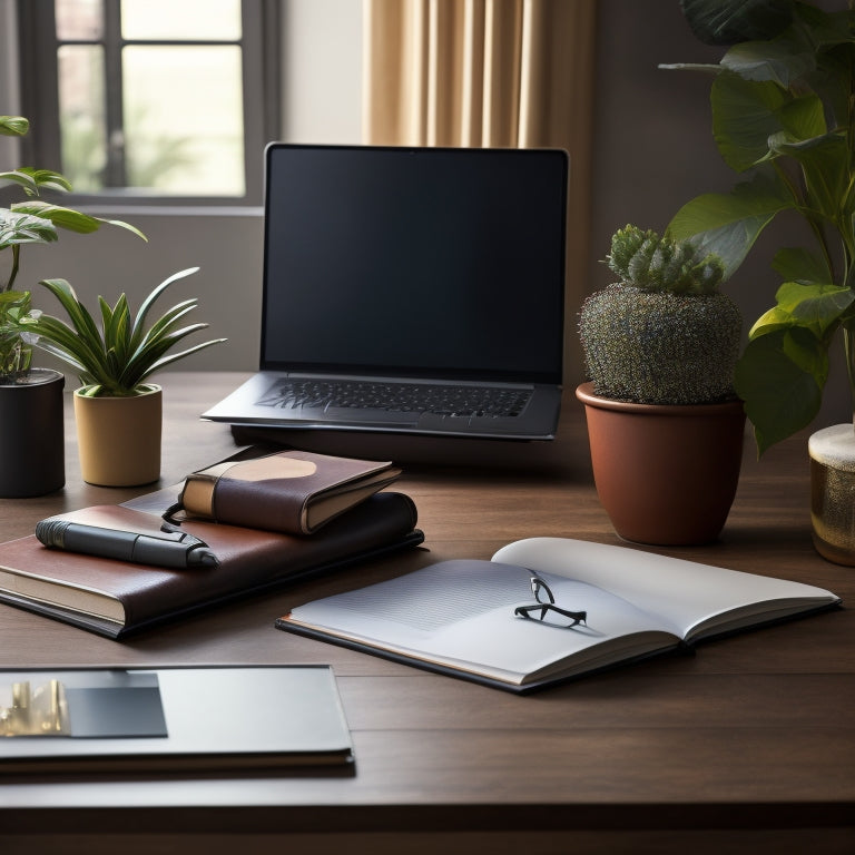 A tidy, modern desk with a laptop, a few neatly stacked binders, and a single, leather-bound handbook lying open to a crisp, blank page, surrounded by a few pens and a small potted plant.