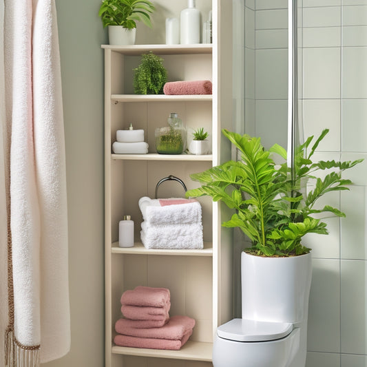 A serene bathroom corner with a sleek, white, three-tiered corner shelf, adorned with a decorative vase, rolled towels, a potted plant, and a few select skincare products, against a calming gray background.
