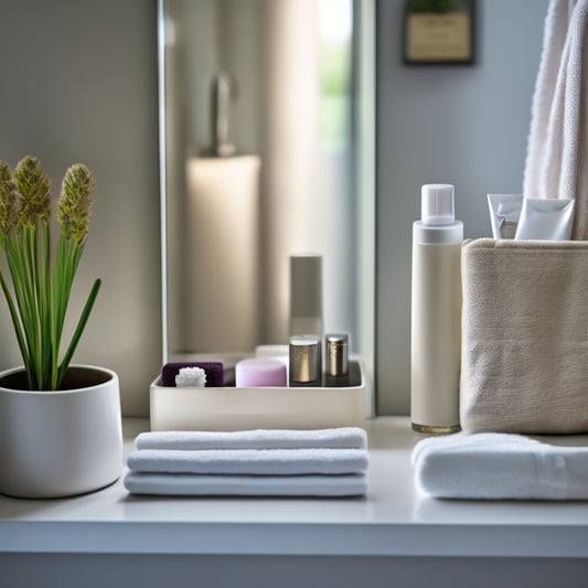 A serene bathroom scene featuring sleek, white minimalist drawer dividers neatly organizing toiletries, cotton swabs, and makeup. Soft natural light filters through, highlighting the clean lines and harmonious arrangement of items.