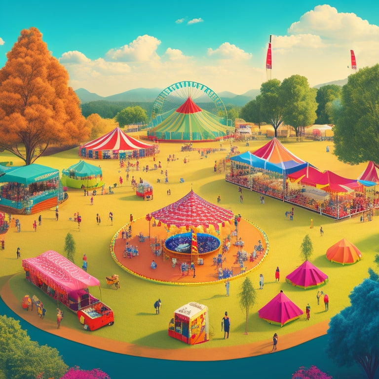 A vibrant illustration of a festival grounds with colorful tents, a Ferris wheel, and a stage, surrounded by lush greenery, with amenities like food trucks, showers, and phone charging stations.