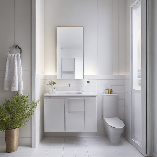 A minimalist bathroom with soft, warm lighting, featuring a sleek, wall-mounted cabinet with a mirrored door, surrounded by crisp, white tiles and a compact, pedestal sink.