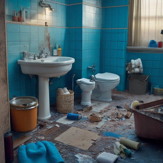 A cluttered bathroom with torn-out flooring, exposed pipes, and a demolished shower area, surrounded by scattered tools and construction debris, with a single, lonely toilet standing amidst the chaos.