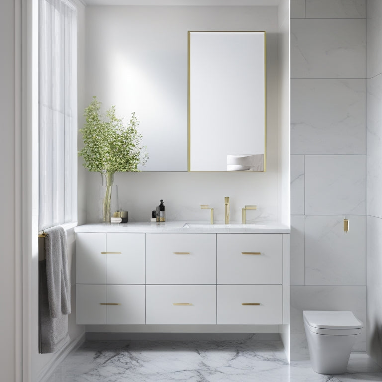 A sleek, modern bathroom with a large, wall-mounted cabinet in a high-gloss white finish, featuring soft-close doors and LED lighting, above a minimalist sink and a spacious, marble-topped vanity.