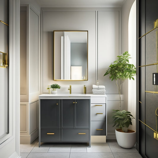 A sleek, modern bathroom with a wall-mounted cabinet featuring adjustable shelves, a slide-out drawer, and a mirrored door, surrounded by elegant fixtures and a limestone floor.