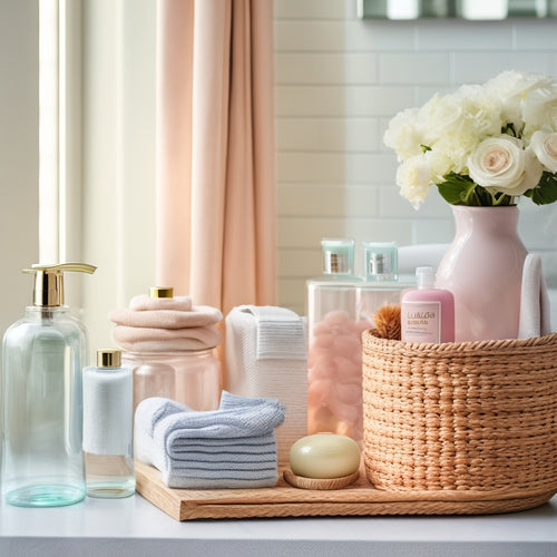 A serene bathroom scene with a marble countertop, glass jars, and woven baskets, featuring a variety of stylish labels in pastel hues, neatly organizing toiletries and beauty products.