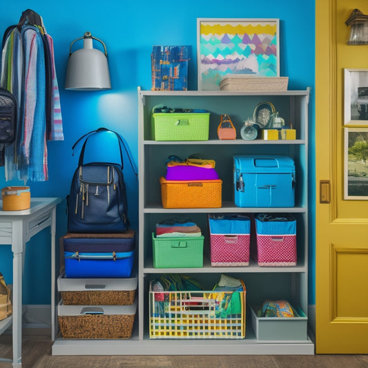 A tidy, well-lit cabinet interior with neatly stacked, colorful storage bins, labeled baskets, and a few favorite teenage accessories, such as a trendy backpack and a few framed photos.