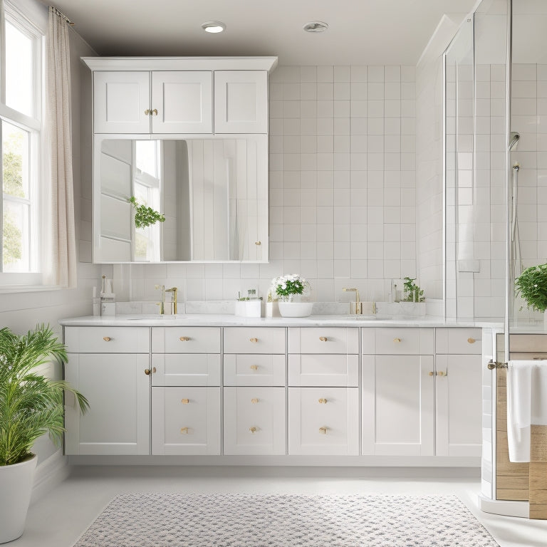 A bright, modern bathroom with three white wall cabinets of varying sizes, each with a unique style of handle, against a clean white background with soft, natural lighting.