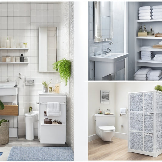 Illustrate a compact, modern bathroom with a pedestal sink, a shower cubicle, and a toilet, showcasing creative storage solutions such as a mirrored cabinet, woven baskets, and a hanging caddy.