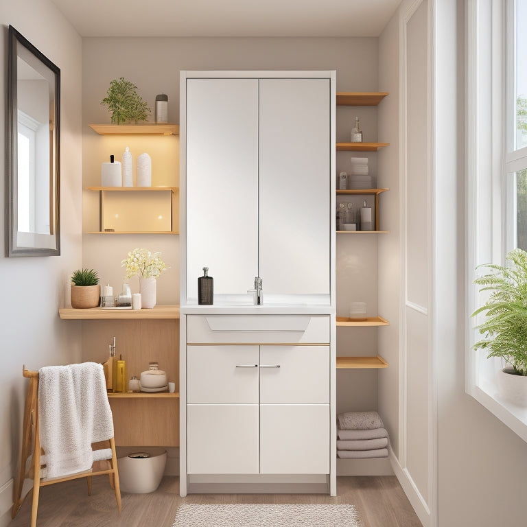 A modern bathroom with a wall-mounted medicine cabinet featuring three adjustable shelves, a mirrored door, and soft-close hinges, surrounded by sleek white countertops and warm beige walls.