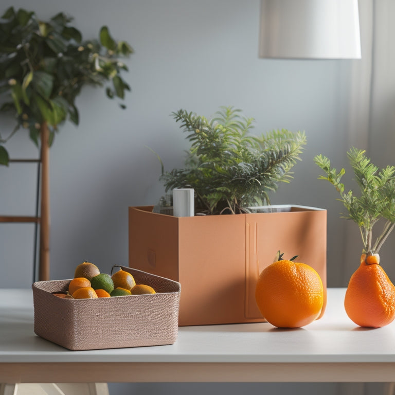 A minimalist, natural-toned background with a Clementine Crate, surrounded by neatly organized office supplies, a small potted plant, and a few scattered clementines, with soft, warm lighting.