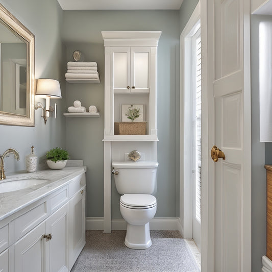 A clutter-free bathroom with a pedestal sink, featuring a slide-out storage cabinet beneath, a wall-mounted fold-down shelf, and a recessed medicine cabinet with mirrored door.