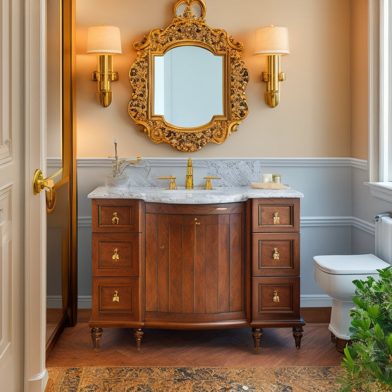 A luxurious bathroom featuring a sleek, wall-mounted vanity cabinet in rich walnut finish, adorned with ornate brass hardware, paired with a crisp white sink and elegant, curved faucet.