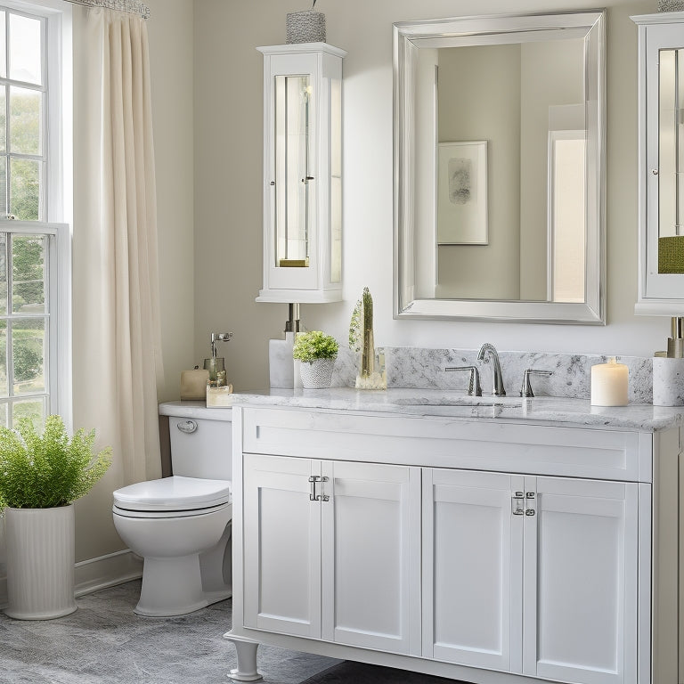 A serene bathroom scene featuring a clutter-free countertop with a sleek, white vanity cabinet adorned with polished chrome hardware, accompanied by a few strategically placed decorative accents.