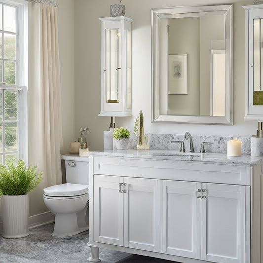 A serene bathroom scene featuring a clutter-free countertop with a sleek, white vanity cabinet adorned with polished chrome hardware, accompanied by a few strategically placed decorative accents.