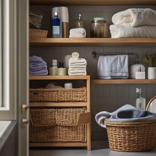 A messy bathroom cabinet cluttered with toiletries and towels in the foreground, with a serene, organized DIY cabinet system in the background, featuring wooden shelves and woven baskets.