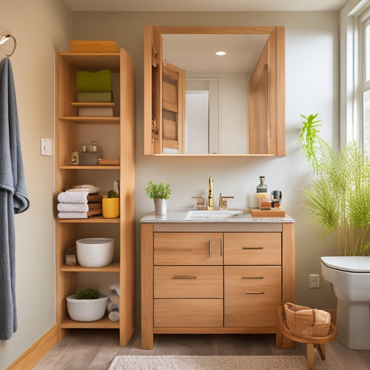 A clean, modern bathroom with a partially installed built-in storage cabinet, featuring exposed wooden frame, adjustable shelves, and soft-close drawers, surrounded by tools and building materials.