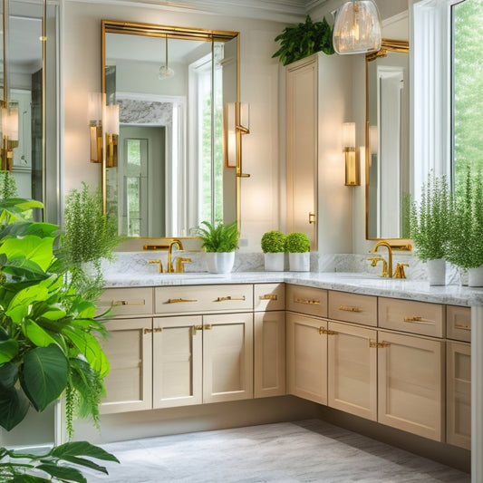 A luxurious bathroom featuring sleek mirrored cabinets with soft-close doors, reflecting warm, ambient lighting. Elegant marble countertops and modern fixtures create a serene atmosphere, with lush greenery subtly enhancing the tranquil space.