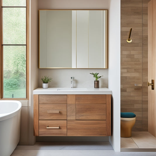 A serene, minimalist bathroom with a small, rectangular sink and a large, wall-mounted wooden cabinet with a soft-close door, surrounded by soft, warm lighting and a subtle, natural stone backsplash.