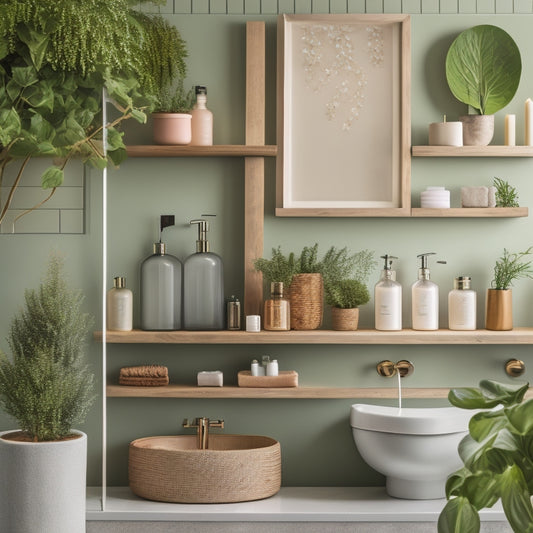 Visualize a chic bathroom with elegant floating shelves made of natural wood, adorned with neatly arranged spa essentials, lush green plants, and decorative jars, all against a soothing pastel wall and a soft, illuminated ambiance.