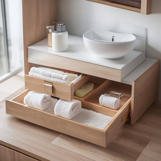 A sleek, minimalist bathroom drawer design featuring modular compartments, soft-close mechanisms, and a variety of natural wood finishes, showcased in a bright, airy setting with elegant fixtures and stylish bathroom accessories.