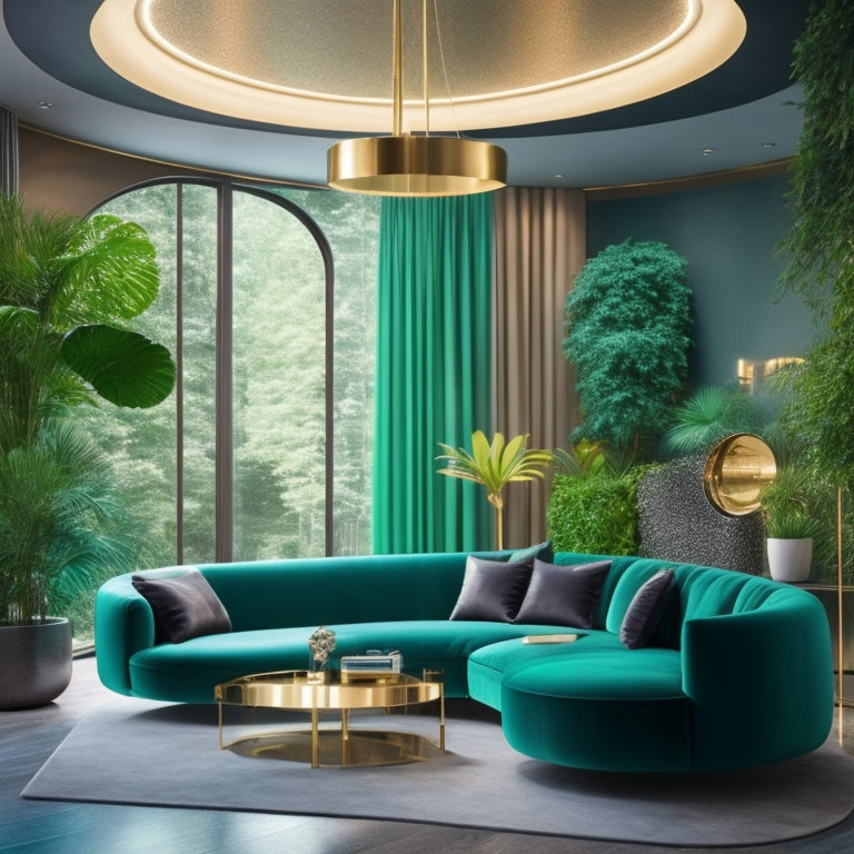A futuristic, minimalist living room with sleek, curved lines, plush velvet sofas, and a statement light fixture suspended from a geometric ceiling, surrounded by lush greenery and metallic accents.