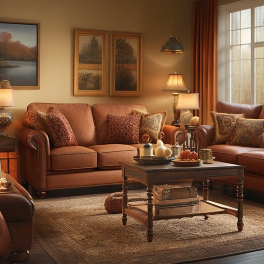 A warm and inviting living room scene with gently used furniture, lamps, and household items, surrounded by open boxes and bags, with a subtle hint of a bridge in the background.