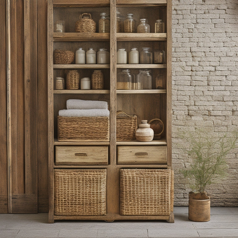 A rustic wooden cabinet with open shelves, adorned with vintage metal hardware, filled with woven baskets, apothecary jars, and rolled towels, set against a distressed white brick wall.