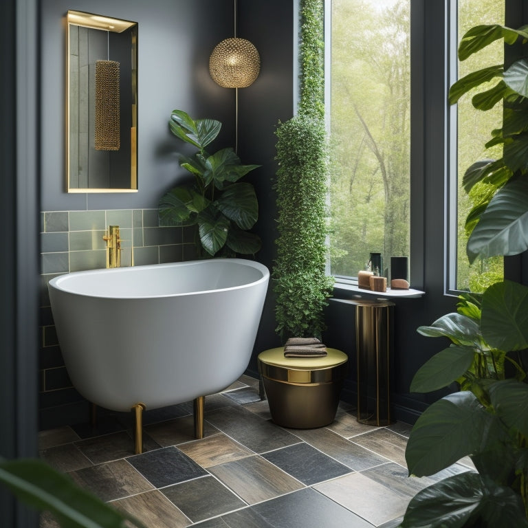 A sleek, modern bathroom with a freestanding tub, surrounded by lush greenery, featuring a geometric-patterned floor, and adorned with metallic accents, elegant lighting, and a stylish shower caddy.