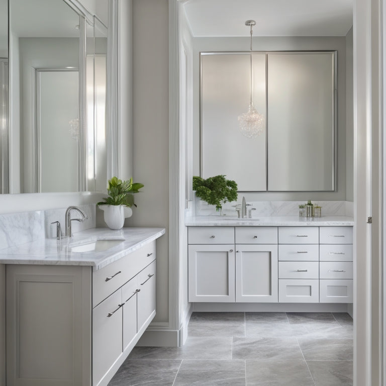 A modern bathroom with creamy marble countertops, soft gray walls, and a large, floor-to-ceiling mirror, featuring a sleek, white, wall-mounted cabinet with frosted glass doors and polished chrome hardware.