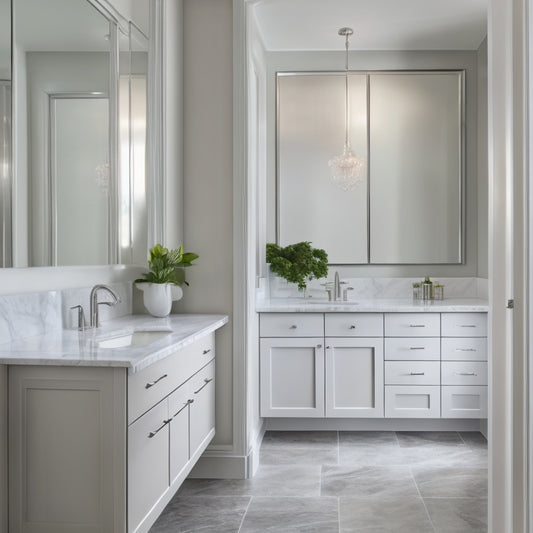 A modern bathroom with creamy marble countertops, soft gray walls, and a large, floor-to-ceiling mirror, featuring a sleek, white, wall-mounted cabinet with frosted glass doors and polished chrome hardware.