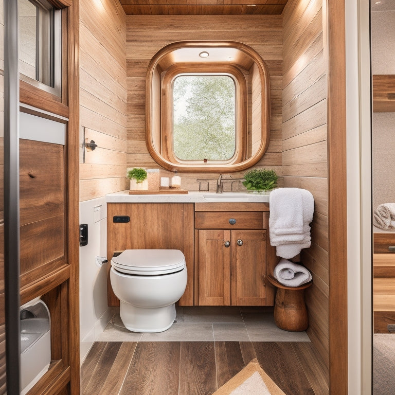 A sleek, modern Airstream bathroom with a curved glass shower, reclaimed wood vanity, and a compact toilet, surrounded by bright white walls and warm, honey-toned wood accents.