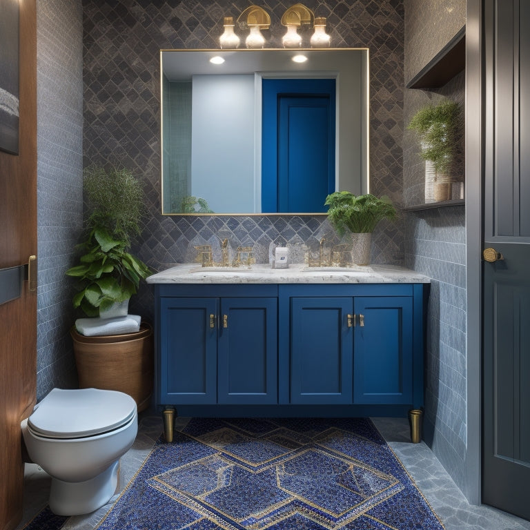 A cluttered, cramped bathroom with a large, dark-colored vanity, oversized mirror, and busy patterned flooring, contrasted with a sleek, minimalist alternative featuring a wall-mounted sink and light-colored tiles.