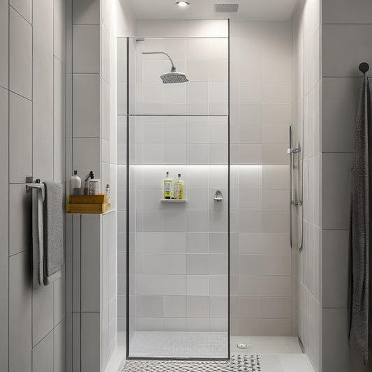 A modern bathroom with a sleek, rectangular shower niche featuring a subtle LED light strip, surrounded by large, white tiles and a rainfall showerhead, set against a warm, gray-toned wall.