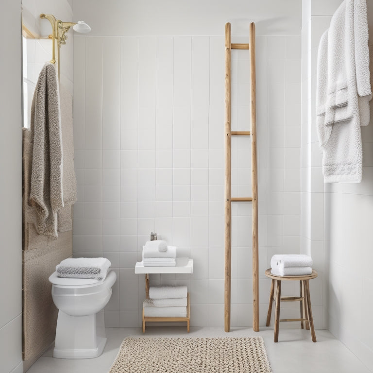 A minimalist bathroom with a wall-mounted ladder towel rack, a woven basket beneath a pedestal sink, and a few rolled towels on a shelf above a compact toilet.