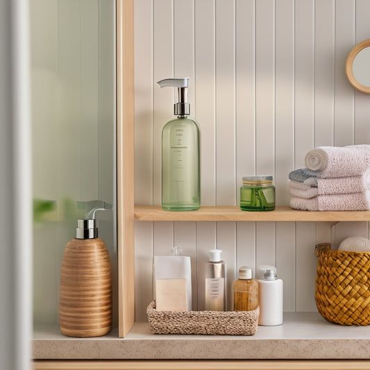 A wooden corner shelf with rounded edges and a natural finish, installed in a modern bathroom with white tiles and a glass shower door, surrounded by toiletries and decorative items.