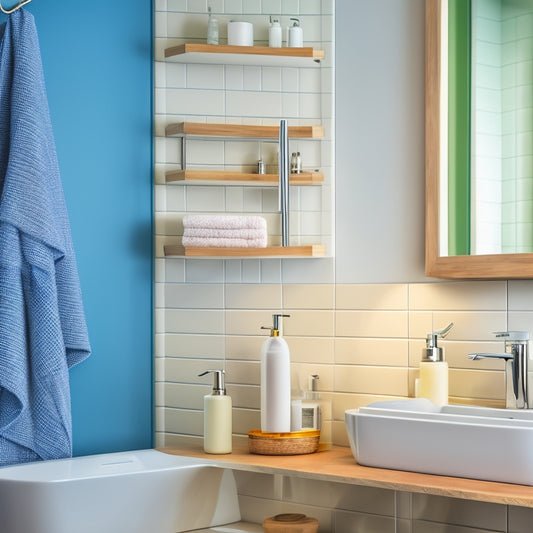 A modern bathroom with a sleek, wall-mounted shelf, holding a few rolled towels and a decorative soap dispenser, surrounded by gleaming tiles and a subtle, calming color scheme.