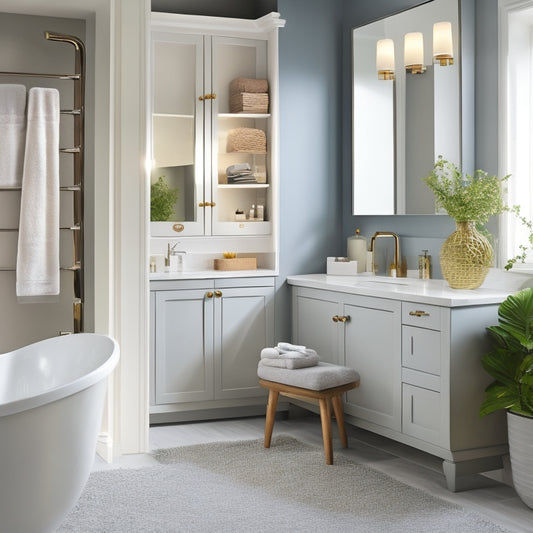 A serene, modern bathroom with a wall-mounted cabinet featuring a hidden drawer, a recessed medicine cabinet with mirrored door, and a pedestal sink with a slide-out storage compartment.