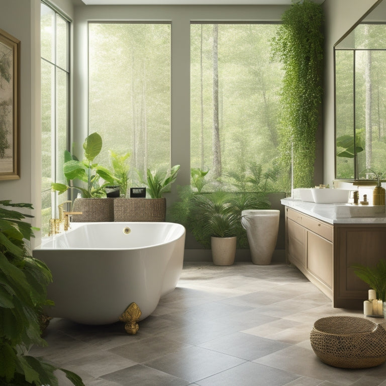 A serene, well-lit bathroom with a freestanding tub, double sink vanity, and large format tiles, surrounded by lush greenery and a subtle, natural color palette, exuding relaxation and luxury.