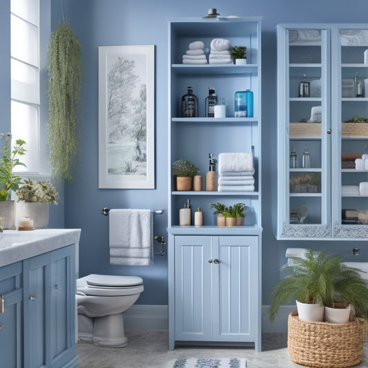 A bathroom with a large, wall-mounted cabinet featuring multiple glass shelves, adorned with decorative towels, soap dispensers, and a few potted plants, against a soft, blue-gray background.